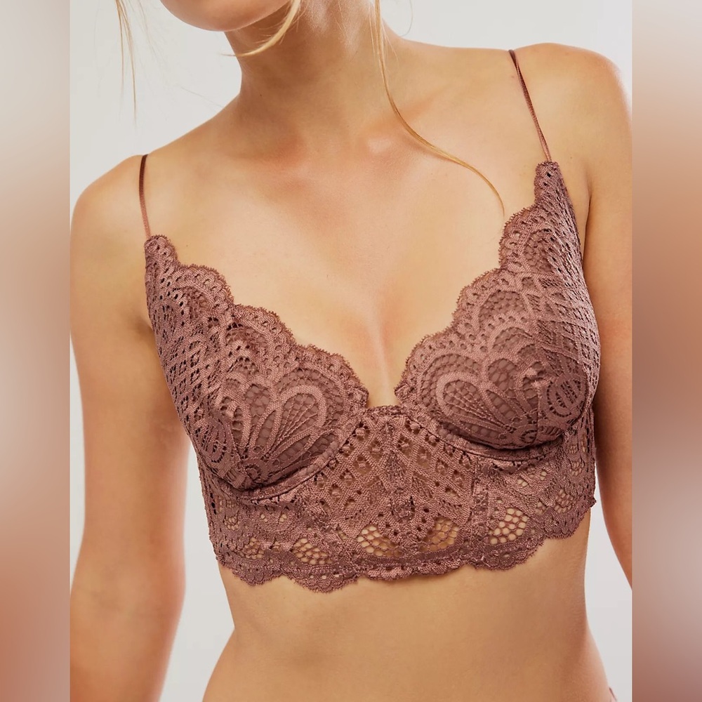 INTIMATELY FREE‎ PEOPLE All Yours Lace Longline Underwire Bra Bralette Brown New